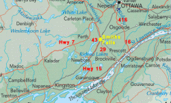 Map showing where Smiths Falls is located.